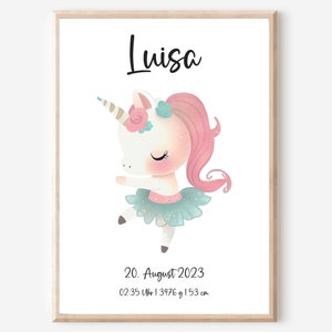 Geburtsposter | Geburtsdaten personalisiert | Kinderzimmer | Einhorn Mädchen | Rosa