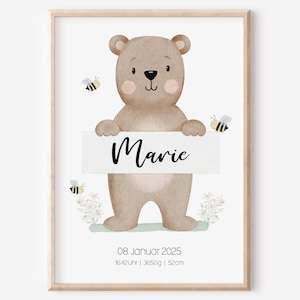 Geburtsposter | Geburtsdaten personalisiert | Kinderzimmer | Bär Bienen Blumen | Mädchen | Jungen
