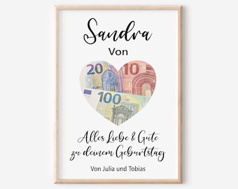 May include: A white card with a heart-shaped design made of euro bills. The text "Sandra Von" is at the top of the card. The text "Alles Liebe & Gute zu deinem Geburtstag" is below the heart. The text "Von Julia und Tobias" is at the bottom of the card.