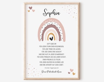Op de afbeelding: Een afdrukbare poster met een regenboogontwerp in roze en bruine tinten met zwarte stippen. De poster bevat de tekst "Sophia" en een Ierse zegen in het Duits. De tekst luidt: "Gott gebe dir fur jeden Sturm einen Regenbogen, fur jede Traene ein Lachen. Fur jede Sorge eine Aussicht und eine Hilfe in jeder Schwierigkeit. Fur jedes Problem, das das Leben schickt, einen Freund es zu teilen, fur jeden Seufzer ein schoenes Lied und eine Antwort auf jedes Gebet. Irischer Segensspruch Deine Patentante Nina"
