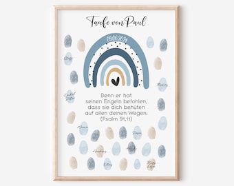 May include: A framed print featuring a blue and tan rainbow design with the text "Taufe von Paul" and the date 09.06.2024. The print includes fingerprint designs and a Bible verse in German. A light wood frame surrounds the artwork.