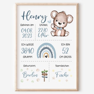 Geburtsposter | Geburtstafel | Geburtsdaten personalisiert | Geburtsbild  | Regenbogen | Bär Teddy | Mädchen | Jungen