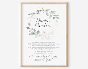 May include: A framed print with a light wood frame. The print features a floral wreath design with the words "Danke Sandra" at the top. Below the name is a message of thanks and well wishes in German.