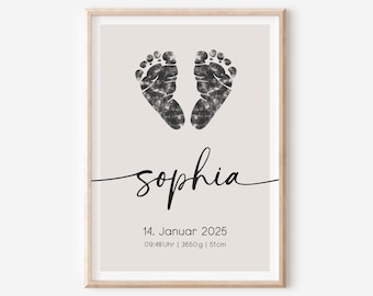 May include: A beige printable art print with black ink footprints and the name "Sophia" written in cursive. The date "14. Januar 2025" and the time "09:48 Uhr | 3650 g | 51 cm" are also printed in black ink.