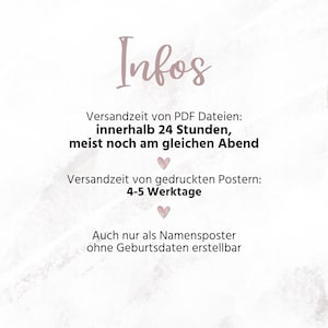 Peut inclure: Un fond blanc avec du texte rose qui indique "Infos" et fournit des informations sur les d&eacute;lais de livraison des fichiers num&eacute;riques et des affiches imprim&eacute;es. Le texte indique que les fichiers num&eacute;riques sont exp&eacute;di&eacute;s dans les 24 heures, g&eacute;n&eacute;ralement le jour m&ecirc;me, et que les affiches imprim&eacute;es sont exp&eacute;di&eacute;es dans un d&eacute;lai de 4 &agrave; 5 jours ouvrables. Le texte indique &eacute;galement que les affiches peuvent &ecirc;tre cr&eacute;&eacute;es sans dates de naissance.