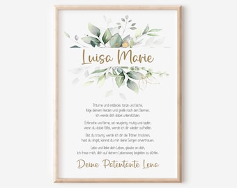 May include: A printable digital download of a watercolor floral design with the name "Luisa Marie" and a poem about dreams, exploration, and support. The text reads "Träume und entdecke, tanze und lache, folge deinem Herzen und greife nach den Sternen, ich werde dich dabei unterstützen. Erforsche und lerne, sei neugierig, mutig und tapfer, wenn du dabei fällst, werde ich dir wieder aufhelfen. Bist du traurig, werde ich dir die Tränen trocknen, hast du Angst, kannst du mir deine Sorgen anvertrauen. Lebe und liebe dein Leben, glaube an dich, Ich freue mich, dich auf deinem Lebensweg begleiten zu dürfen. Deine Patentante Lena"
