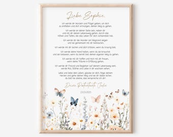 May include: A printable art print with a gold text message about love, support, and encouragement. The text is surrounded by a floral design with butterflies in shades of blue and white.