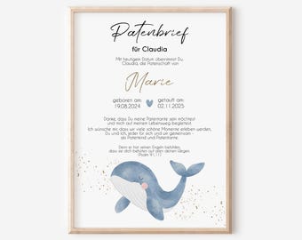 Godparent letter for godmother/godfather | Christening gift | Personalized poster | Whale | Christening present | Christening certificate