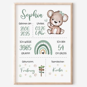 Geburtsposter | Geburtstafel | Geburtsdaten personalisiert | Geburtsbild Grün | Regenbogen | Bär Teddy | Mädchen | Jungen