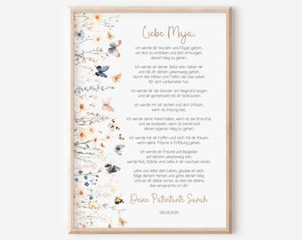 May include: A printable art print with a floral design and a poem in German. The poem is addressed to "Liebe Maja" and includes the text "Deine Patentante Sarah" and the date "06.04.2025".