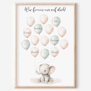 Gästebild Babyparty Ballons zum beschriften | Elefant | Junge Mädchen | Alternatives Gästebuch Gastgeschenk Baby Shower | Poster Geburt