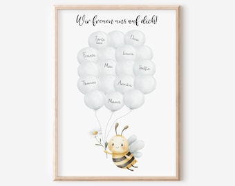 Guest photo set for baby showers | Balloons with writing | Bee and daisies | Boy and girl | Guest book, baby shower favor | Birth poster