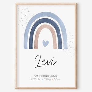 Geburtsposter | Geburtsdaten personalisiert | Kinderzimmer | Regenbogen Blau Braun | Jungen