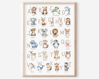 May include: A framed educational wall poster featuring the alphabet from A to Z, each letter paired with a watercolor illustration of an animal and its corresponding name in German, including a monkey, bear, chameleon, dolphin, elephant, fox, giraffe, rabbit, hedgehog, jaguar, koala, lion, mouse, hippo, otter, penguin, jellyfish, deer, sheep, tiger, owl, bird, whale, ground squirrel, yak, and zebra.