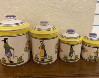Vintage Rare Henriot Quimper Set of 4 Graduated Lidded Jars/Containers/Canisters Henriot Decor