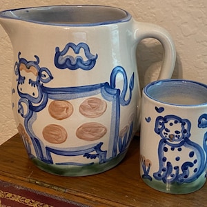 Vintage M.A. Hadley Hand-Painted Signed Stoneware Pitcher and Mug: Cow Farmhouse Decor