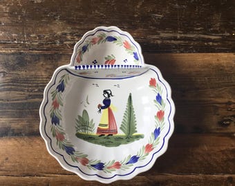 Rare Vintage Henriot Quimper Divided Serving Bowl aka Strawberry Bowl Mistral Blue Decor