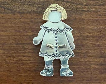 Vintage Sterling Silver Girl Pin: 14K Gold Accents, Kost Design Brooch