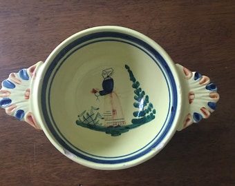 Antique Henriot Quimper Faience Bowl: Hand-Painted Breton Woman, Yellow