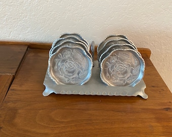Vintage Everlast Aluminum Coasters: MCM Hammered Rose Design, Set of 8