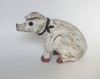 Vintage Hand Carved and Painted Primitive Wooden Folk Art Pig