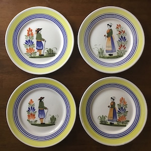 Vintage Hand Painted France Henriot Quimper Faience Pottery 11” Dinner Plates Set of 4 Decor Henriot Petite Breton