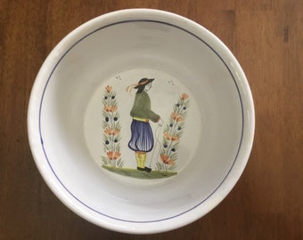 Vintage France Henriot Quimper Faience Pottery Large Salad/Pasta Serving Bowl on Low Pedestal
