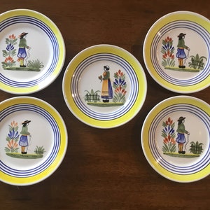 Vintage Hand Painted France Henriot Quimper Faience Pottery Bread & Butter / Salad Plates Set of 5 Decor Henriot Petite Breton