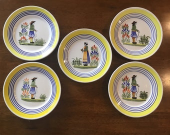 Vintage Henriot Quimper Salad Plates: Hand Painted Breton Decor, Set of 5