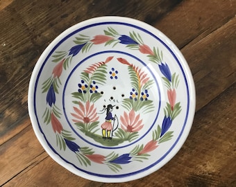Rare and Unique Vintage France Henriot Quimper Faience Pottery  Footed Strawberry Strainer/Colander Bowl