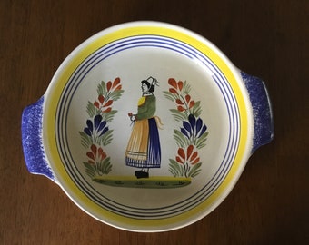 Vintage French Henriot Quimper Faience Pottery Rare Handled Round Baker/Casserole Dish Cordon Bleu