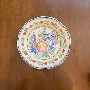 Rare and Unique Vintage France Henriot Quimper Faience Pottery Floral With Bird 10” Wall Plate / Dinner Plate Genre Ancien Decor