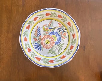 Vintage Henriot Quimper Faience Plate: Floral Bird Decor, 10" Wall/Dinner Plate