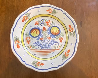 Vintage Henriot Quimper Faience Plate: Floral Genre Ancien Decor, 10” Wall/Dinner Plate