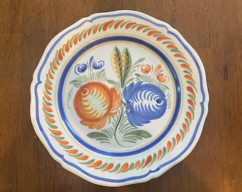 Vintage Henriot Quimper Faience Plate: Floral Genre Ancien Decor, 10” Wall/Dinner Plate