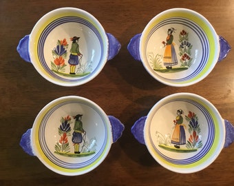 Vintage Henriot Quimper Cereal Bowls: Hand Painted Breton Decor, Set of 4