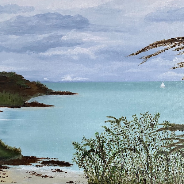 Binic. Paysage bretagne intemporelle. Bord de mer. Plage. Peinture acrylique. Toile sur châssis 40x50 cm.