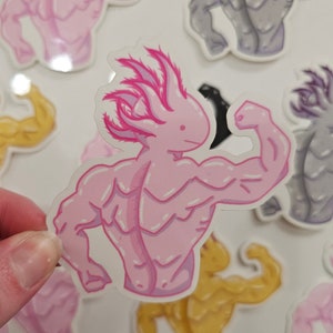 May include: Pink axolotl sticker with a muscular body and a spiky, pink crest. The axolotl is flexing its bicep.