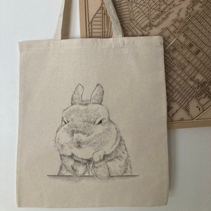 Cute rabbit Hand painted tote bag, made with black fabric acrylic paint.