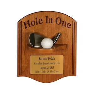 Golf Hole-In-One Plaque with Iron Head | Dedicated Space For Hole-In-One Golf Ball | Custom Engraved Plate Included | Made In The USA