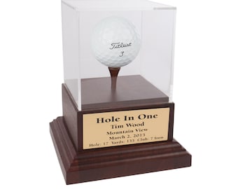 Acrylic Hole in One Golf Ball Display with Wood Base | Includes Engraved Plate | Cherry Base | Removable Top | Made In The USA