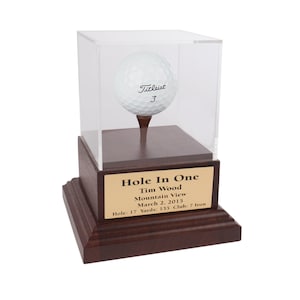 Acrylic Hole in One Golf Ball Display with Wood Base | Includes Engraved Plate | Cherry Base | Removable Top | Made In The USA