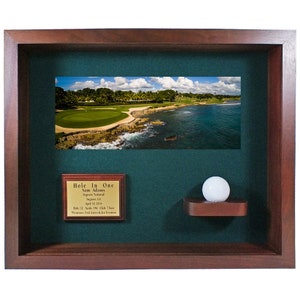 Golf Hole in One Shadowbox | Holds Golf Ball and Scorecard or Photo | Engraved Plate | Horizontal Layout | 5 Color Options | Acrylic Cover