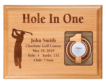 Golf Hole-in-One Wall Mounted Plaque | Laser Etched Engraving | Male or Female Golfer  | Holds One Golf Ball | 12" W X 9" H