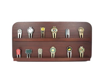 Golf Divot Tool Display Rack | Solid Hardwood | Made in USA | Cherry Finish | Measures 18"W x 9.5"H x 1.625"D