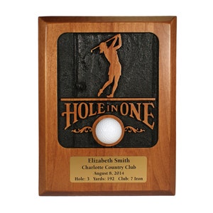 Sandblasted Golf Hole-in-One Plaque and Ball Display | Engraved Plate | Two Color Options | Female Golfer | 9&quot; x 12&quot; | Made In USA
