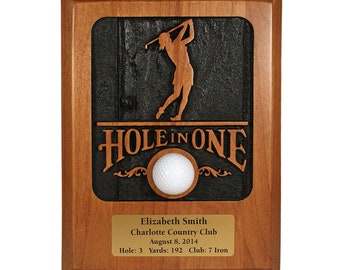 Sandblasted Golf Hole-in-One Plaque and Ball Display | Engraved Plate | Two Color Options | Female Golfer | 9" x 12" | Made In USA