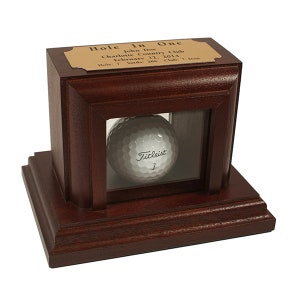 Golf Hole-In-One Desktop Golf Ball Display | Cherry or Oak Finish | Acrylic Cover | Personalized Plate Included | Made in the USA