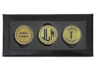 Personalized Hat Clip Golf Ball Marker Set | 3 Finishes-Brass Pewter & White | 10 Engraving Styles | Great Golf Gift | Father's Day Gift