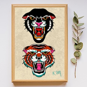 Tiger Art Print, Traditional Tattoo Art, Traditional Tattoo Art Print, Bug Art Print, Home Decor, Wall Hanging, Traditional Tattoo, Animals